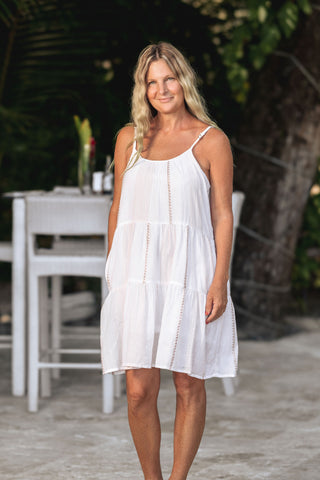 ST. LUCIA WHITE LUREX STRIPED COTTON DRESS