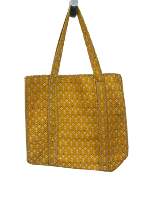 Handmade Reversible Cotton Quilted Tote Bag- Yellow Patterned