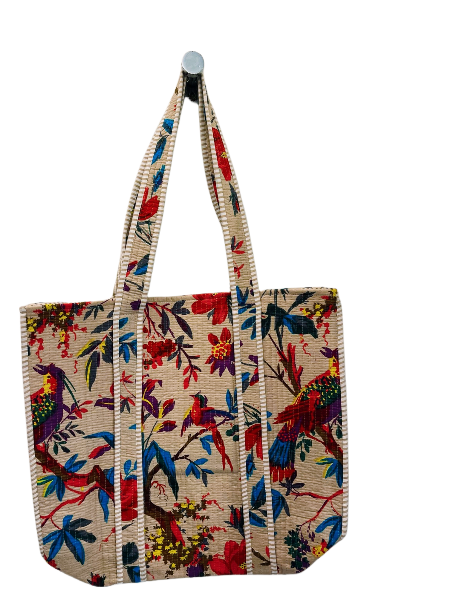 Handmade Reversible Quilted Cotton Tote Bags with Bird Design- Beige