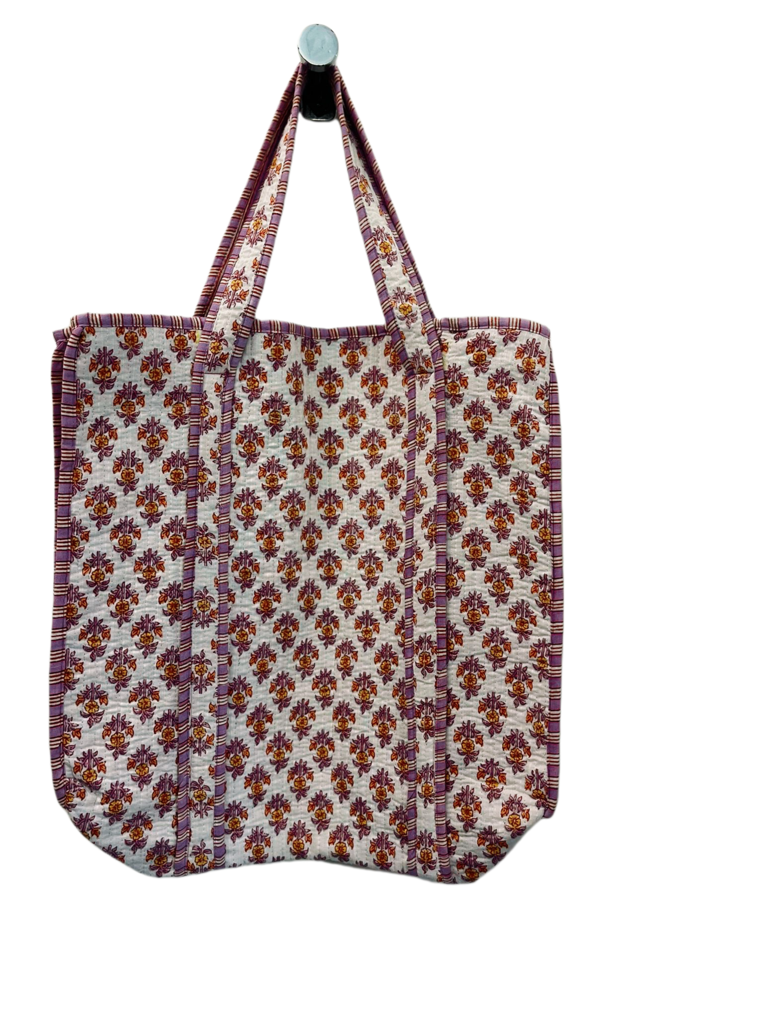 Handmade Cotton Quilted Zippered Tote Bag Block Print Pattern