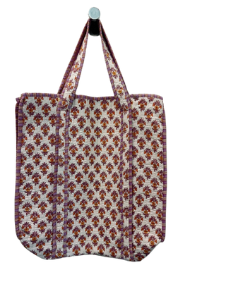 Handmade Cotton Quilted Zippered Tote Bag Block Print Pattern