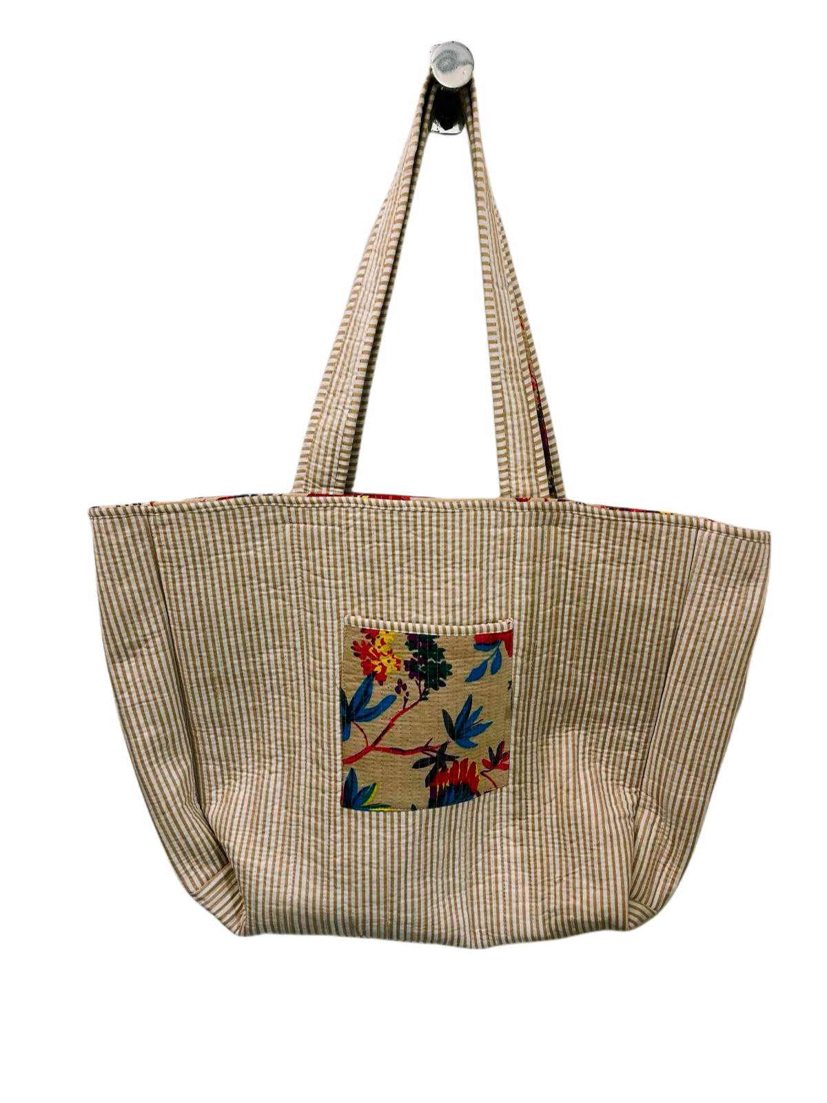 Handmade Reversible Quilted Cotton Tote Bags with Bird Design- Beige