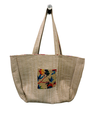 Handmade Reversible Quilted Cotton Tote Bags with Bird Design- Beige