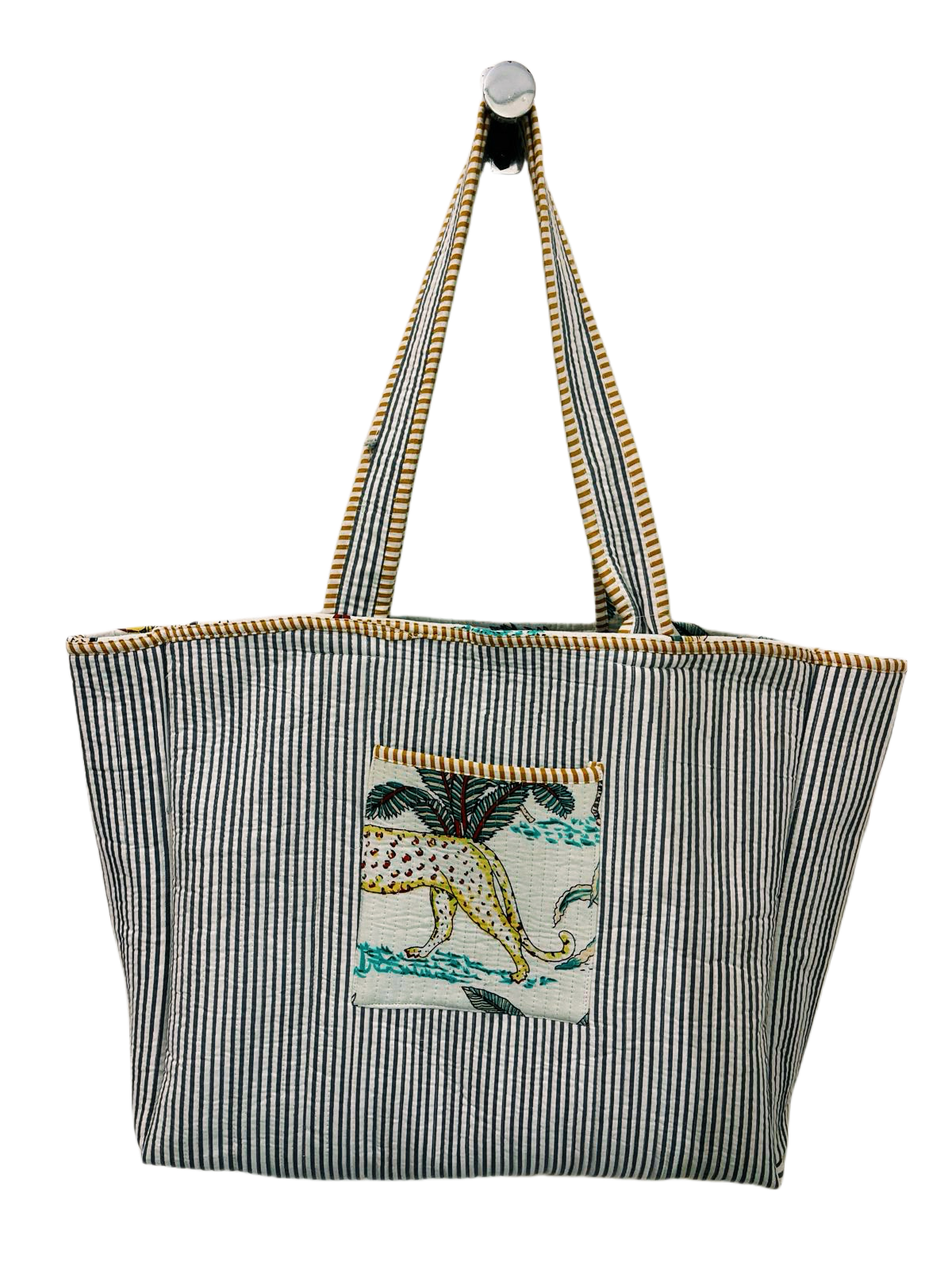 Handmade Reversible Quilted Cotton Tote Bag- White Jungle Print