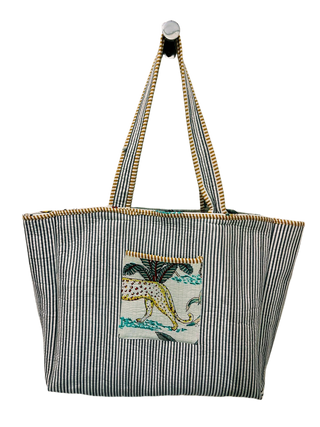 Handmade Reversible Quilted Cotton Tote Bag- White Jungle Print