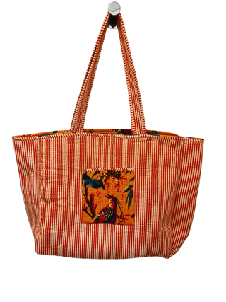 Handmade Reversible 100% Cotton Quilted Tote bag- Bird Design-Orange