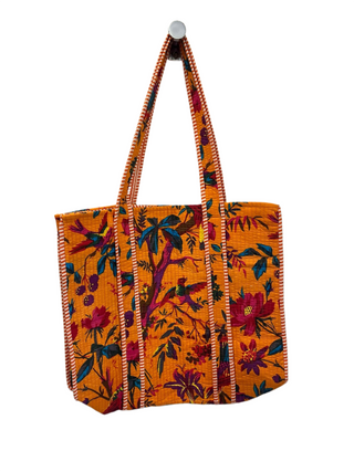 Handmade Reversible 100% Cotton Quilted Tote bag- Bird Design-Orange