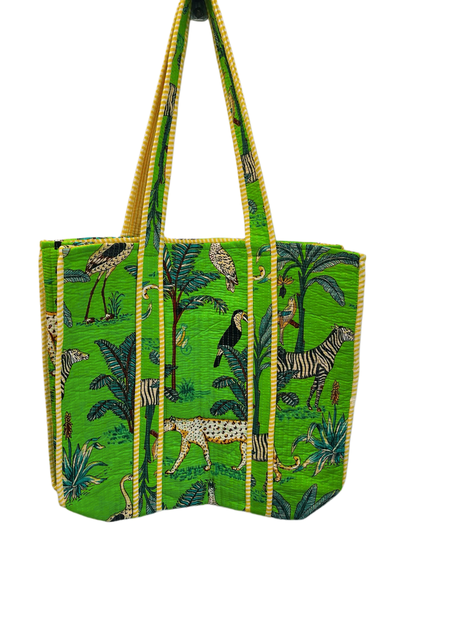 Handmade Reversible Cotton Quilted Tote Bage- Jungle- bright green