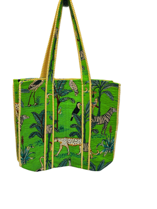 Handmade Reversible Cotton Quilted Tote Bage- Jungle- bright green