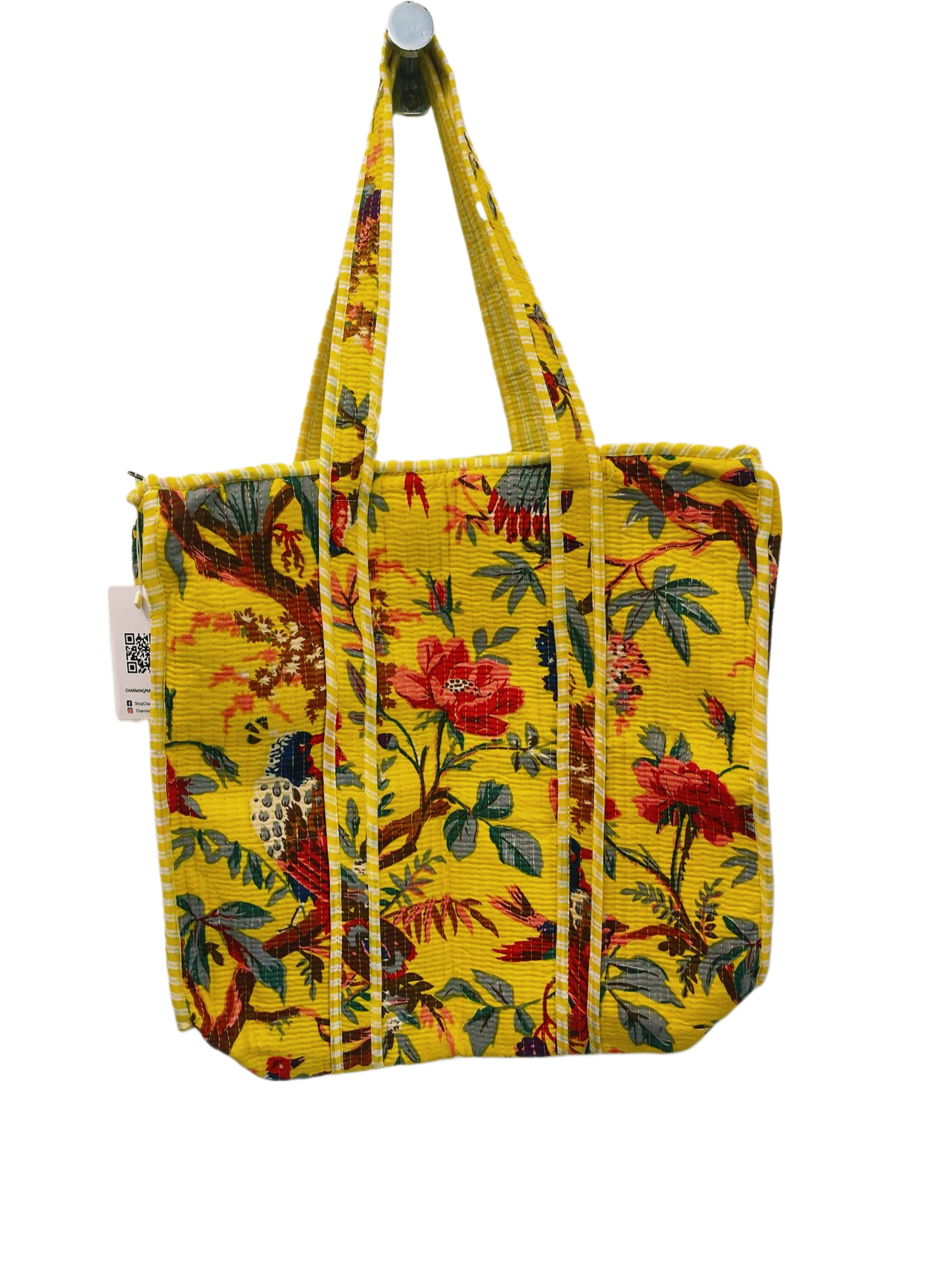 Handmade Reversible Quilted Cotton Tote Bag- Bird Design-Yellow