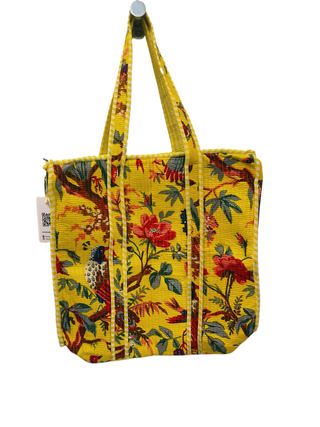 Handmade Reversible Quilted Cotton Tote Bag- Bird Design-Yellow