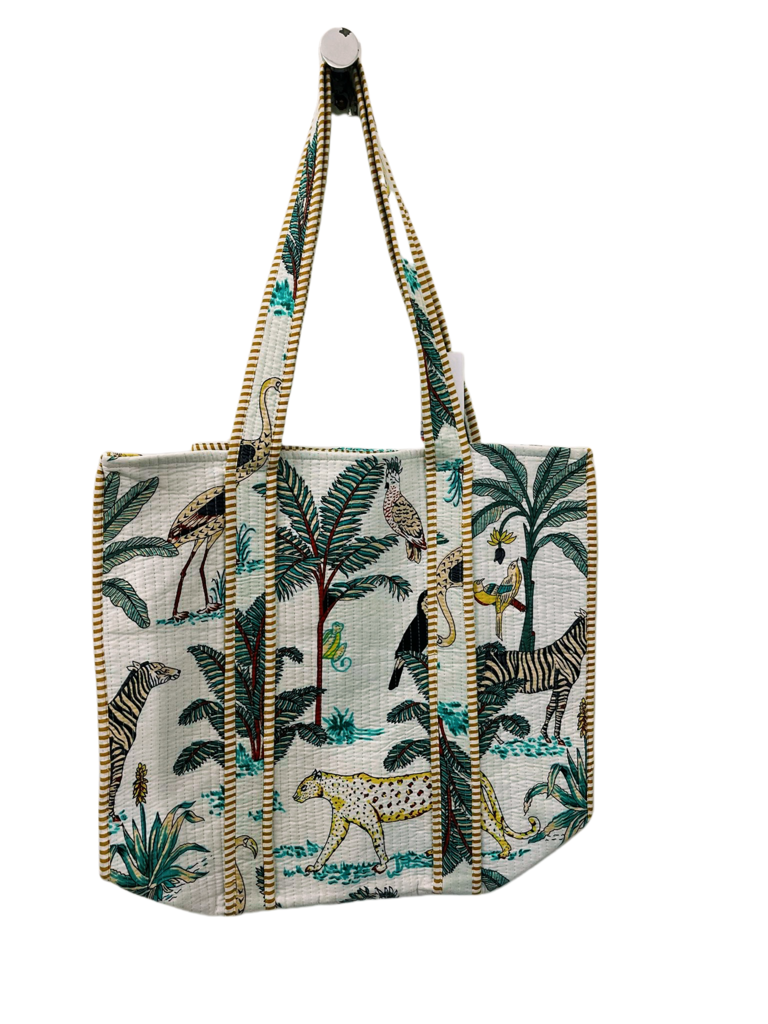 Handmade Reversible Quilted Cotton Tote Bag- White Jungle Print