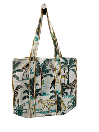 Handmade Reversible Quilted Cotton Tote Bag- White Jungle Print