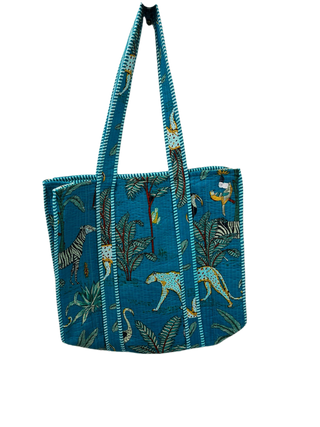 Handmade 100% Quilted Cotton Reversible Tote Bags- Jungle-Teal