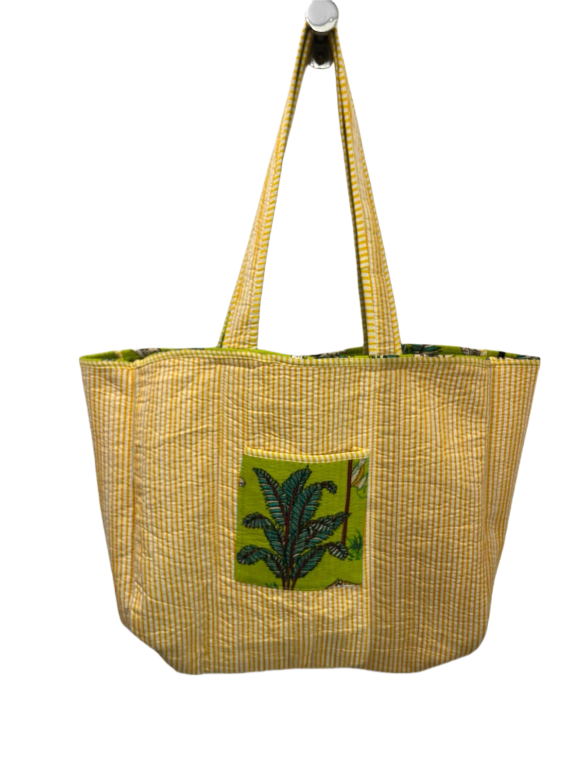 Handmade Reversible Cotton Quilted Tote Bage- Jungle- bright green