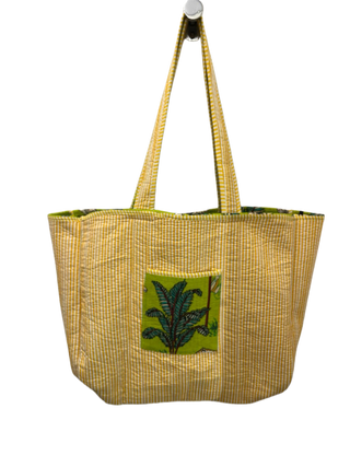 Handmade Reversible Cotton Quilted Tote Bage- Jungle- bright green