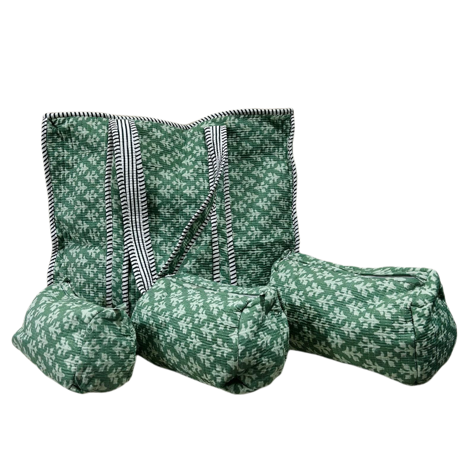 Quilted Tote Bag with Zipper and Quilted 3 piece toilery set- Green