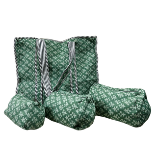 Quilted Tote Bag with Zipper and Quilted 3 piece toilery set- Green