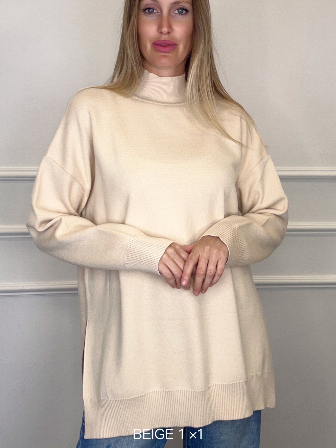 Sienna Beige Mock Neck Sweater with Side Slits