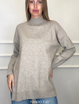 Sienna Taupe Mock Neck Sweater with side Slits