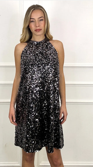 SHEENA BLACK SPARKLY HOLIDAY DRESS WITH BOW AT BACK NECKLINE