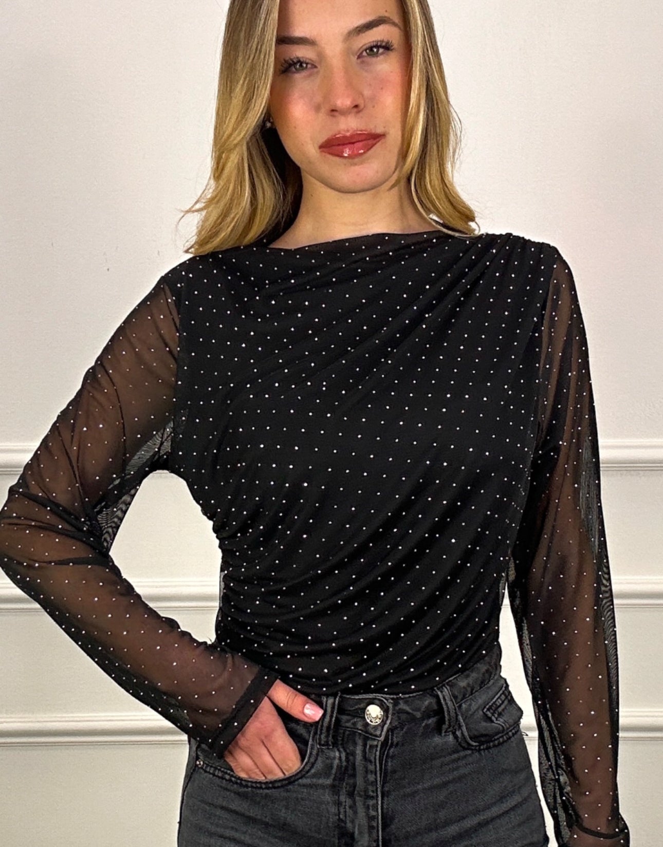 MONA MESH BLACK POLKA DOT TOP