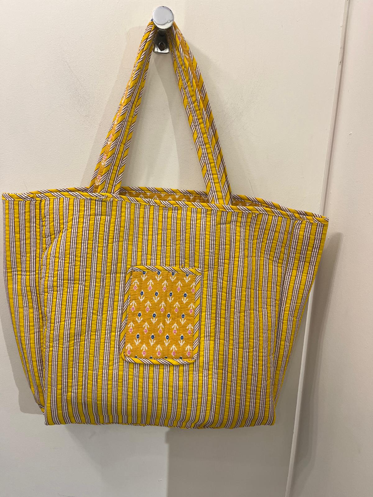 Handmade Reversible Cotton Quilted Tote Bag- Yellow Patterned